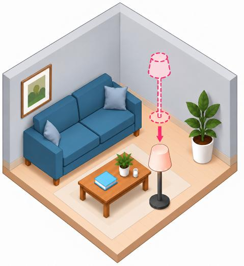 A room with a sofa and lamp; a pink arrow and dashed outline show the lamp moving toward the camera.
